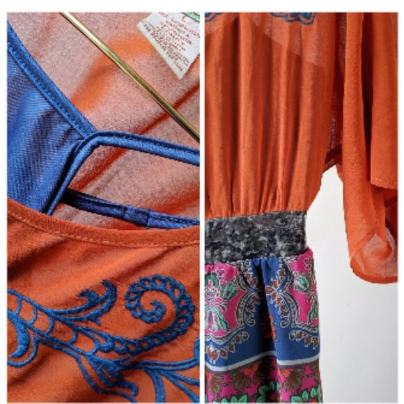 Sheer Chiffon Velvet Waist  Large Kimono Dress  Royal Blue Burnt Orange - Picture 6 of 12